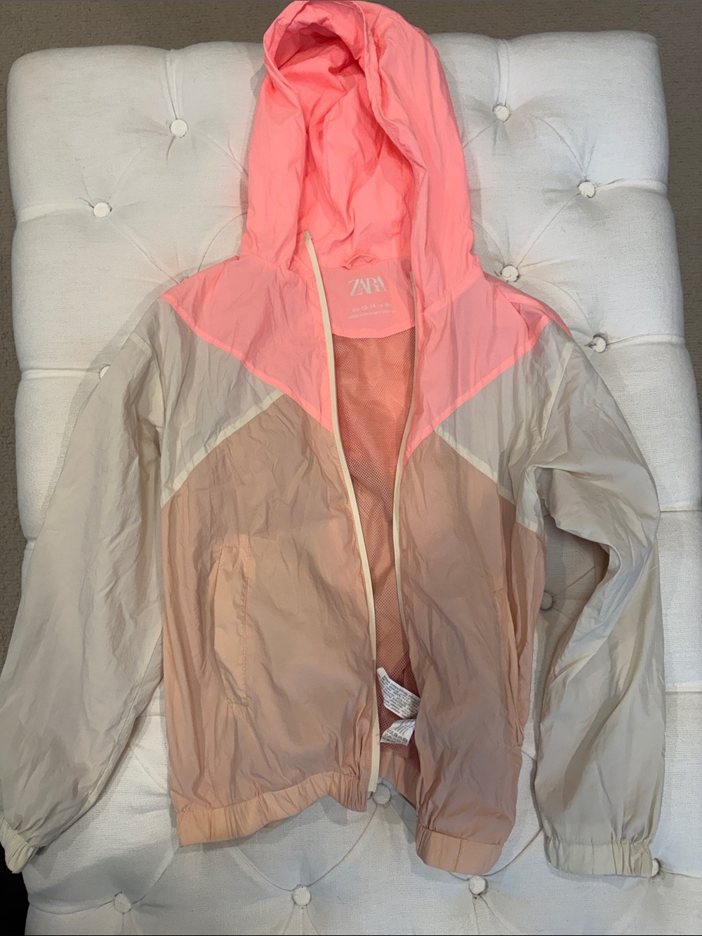 ZARA Pink and Beige Colorblock Hooded Bomber Jacket